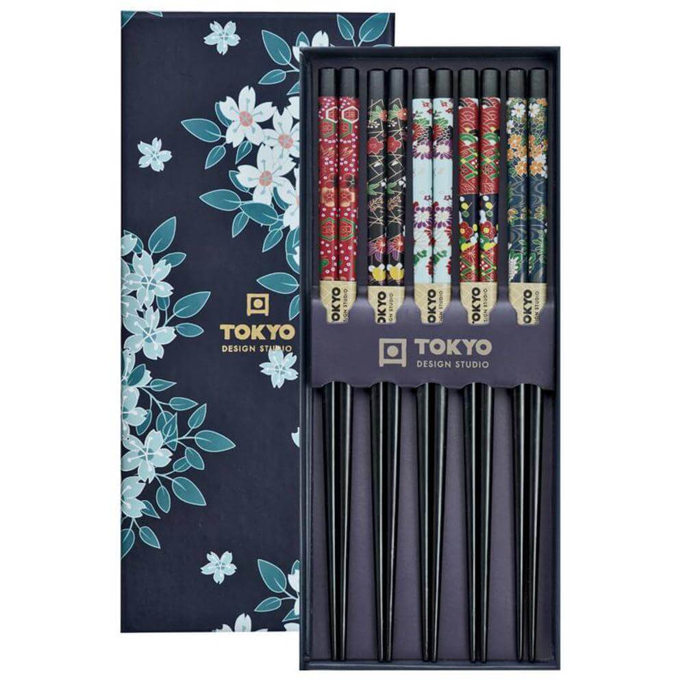 Tokyo Design Studio Cherry Blossom Blue Set of 5 Chopsticks Giftset